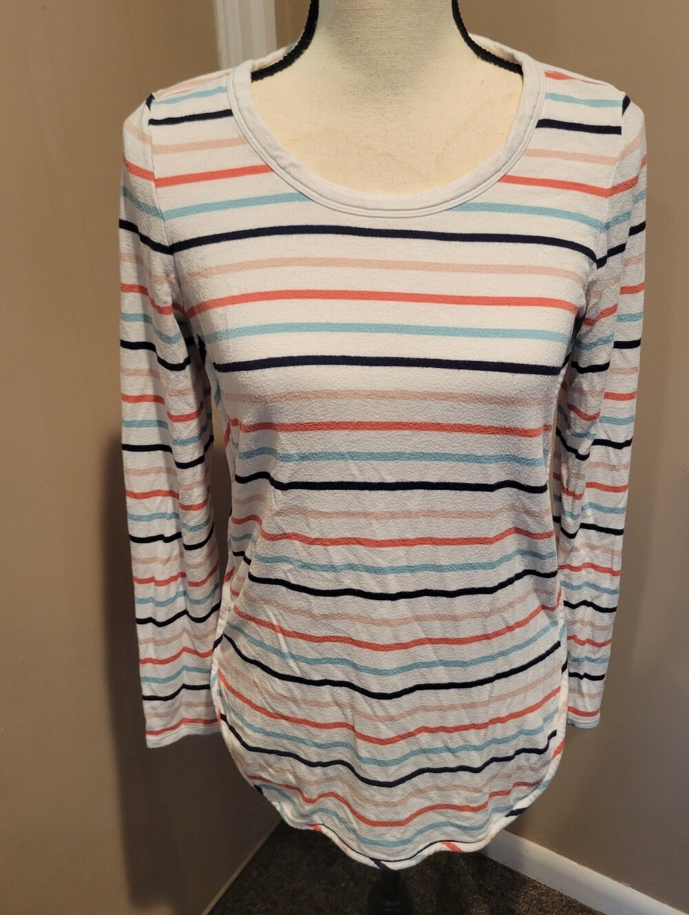 🛑Women's Striped Long-Sleeve Scoop Neck -White with Navy, Coral & Light Blue
